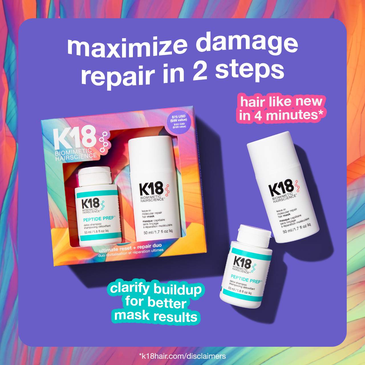 Pre Venta: K18 Biomimetic Hairscience | Ultimate Reset + Repair Hair Mask and Shampoo Value Set
