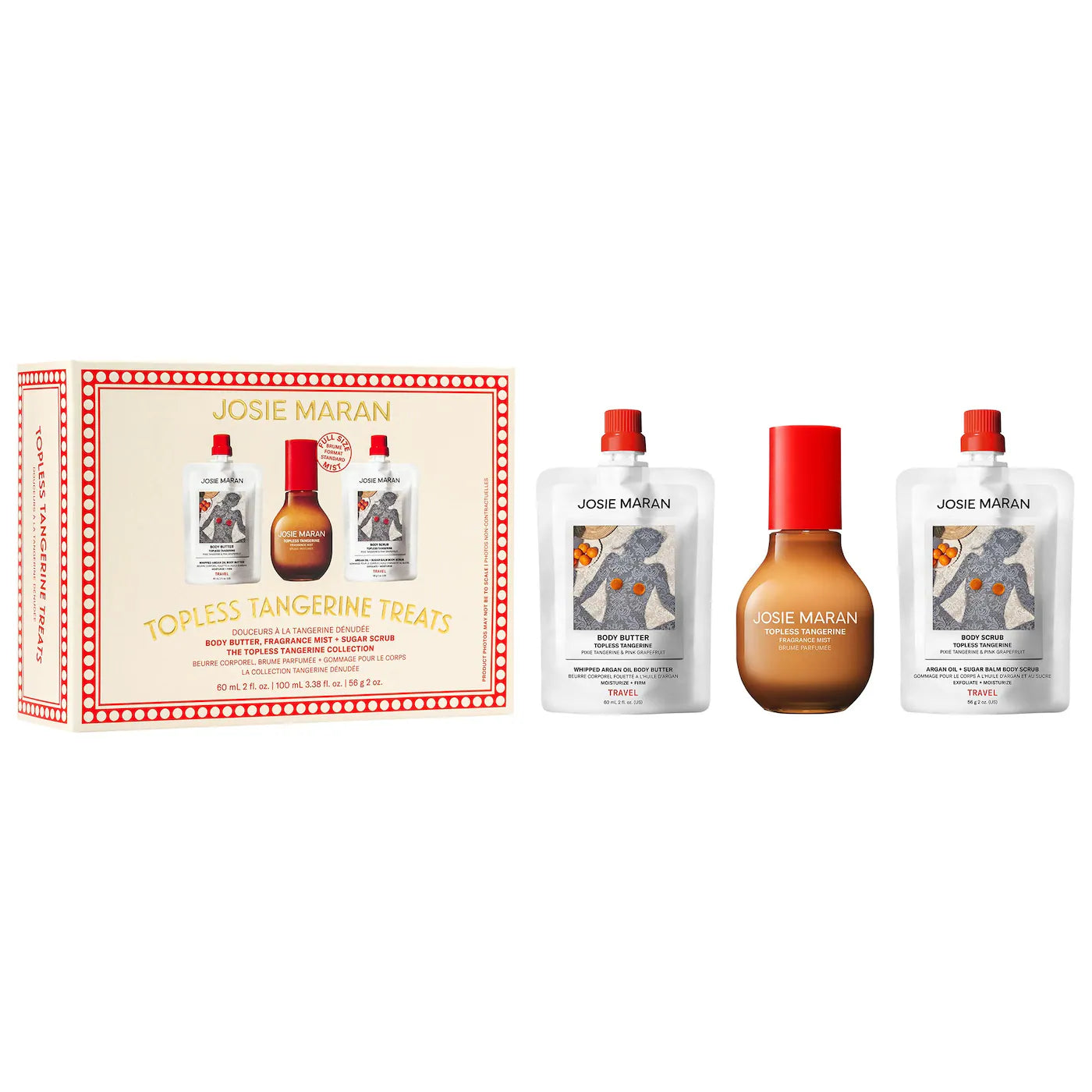Pre Venta: Josie Maran | Topless Tangerine Treats Body Butter, Fragrance Mist, Sugar Scrub Gift Set