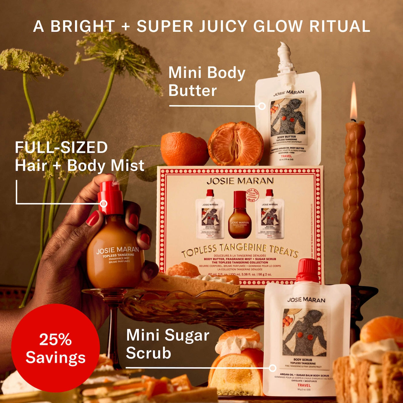 Pre Venta: Josie Maran | Topless Tangerine Treats Body Butter, Fragrance Mist, Sugar Scrub Gift Set