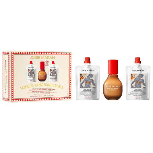 Pre Venta: Josie Maran | Topless Tangerine Treats Body Butter, Fragrance Mist, Sugar Scrub Gift Set